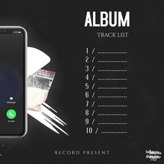 the album track list is displayed with an image of a person's hand holding a phone