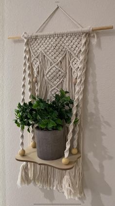 a macrame wall hanging with a potted plant on it and a wooden shelf