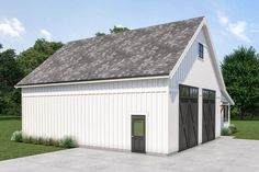 a white barn with a black door and windows