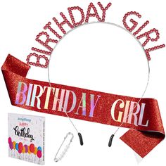 a birthday girl headband, book and earring gift set in red glitter with the words happy birthday girl on it