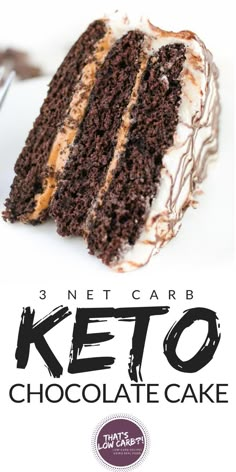 a chocolate cake with white frosting and caramel on top is featured in this ad for the 3 net carb keto chocolate cake