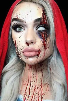 Fx Halloween Costumes, Zombie Half Face Makeup, Scary Pretty Halloween Makeup, Women Halloween Costume Ideas Scary, Scary Little Red Riding Hood Makeup, Halloween Gory Makeup, Fire Costume Makeup, Scary Red Riding Hood Costume, Halloween Sfx Makeup Ideas