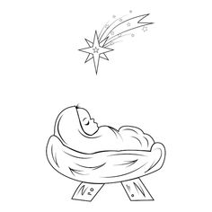 a black and white drawing of a baby jesus in the manger with a star above it