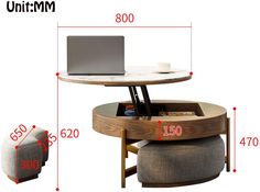 a table with a laptop on it and two stools around it, all labeled in red numbers