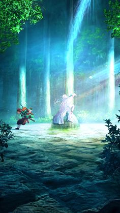 an animated scene with two people standing in the middle of a forest, surrounded by trees