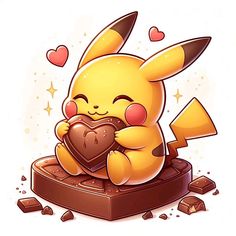 a cartoon pikachu holding a heart in its paws and sitting on top of a piece of chocolate