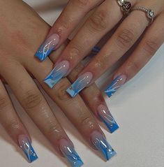 Outgoing Nail Designs, Cool Blue Acrylic Nails, Aquarius Acrylic Nails, Blue Gel X Nail Designs, Blue Inspo Nails, Cute Nails Acrylic Aesthetic, Grayish Blue Nails, Polygel Nails With Tips