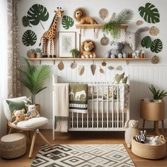 a baby's room decorated in green and white with lots of jungle animals on the wall