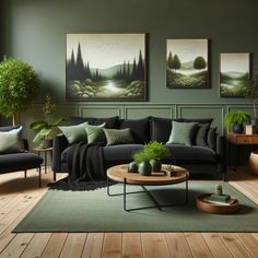 a living room filled with furniture and paintings on the wall next to a coffee table