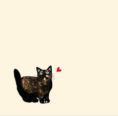 a black cat with green eyes and a red heart on its nose is standing in the sky