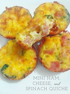 mini ham, cheese, and spinach fritters on a white plate with text overlay