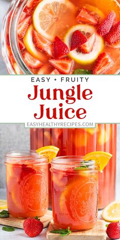 two mason jars filled with orange juice and sliced strawberries, lemons, and mint