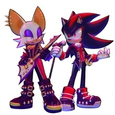 two cartoon characters are standing next to each other and one has a guitar in his hand