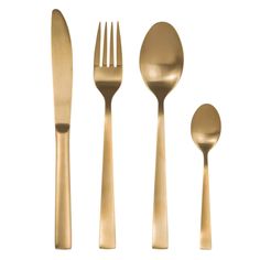 gold colored utensils and spoons on a white background