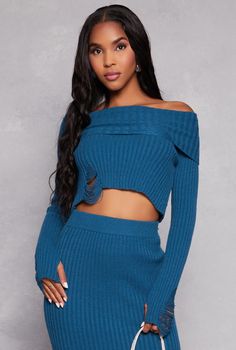 Long Sleeves, Off the Shoulder, Sweater, Cropped Hem, Distressed, Solid, Thumb Holes, Ribbed Knit, Item Number 3413062700052 Sweater Cropped, Off The Shoulder Sweater, Rainbow Shop, Shoulder Sweater, Item Number, Turtleneck Sweater, Crew Neck Sweater, Womens Clothing Tops, Neck Sweater