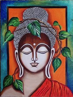 a painting of a buddha with green leaves on it's head