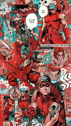 a collage of comic characters in red and blue colors, with the caption's above them