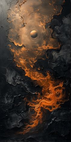 an abstract painting with orange, black and white colors in the background is a dark sky