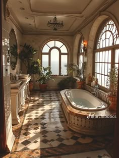 a large bathroom with an arched window and checkered tile flooring, along with a jacuzzi tub