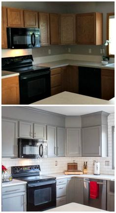 before and after pictures of a kitchen remodel with white cabinets, black appliances and stainless steel appliances