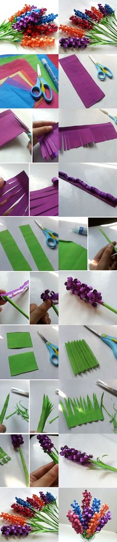 the process of making paper flowers is shown in multiple pictures, including scissors and strips of colored paper