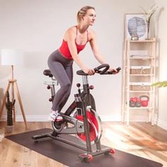 a woman is riding an exercise bike in the living room