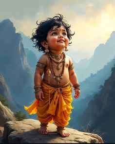 a painting of a baby standing on top of a cliff with mountains in the background