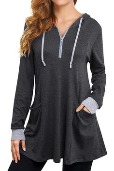 Tunic Hoodies Long Sleeve Zip Up Sweatshirts - Nord Dressy Tunic Tops, Women Tunic, Favorite Leggings, Red Tunic, Tunic Hoodie, Casual Tunics, Black Tunic, Blouse Tops, Women Tunic Tops