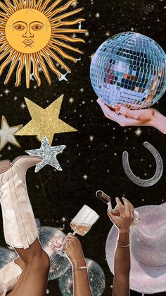 a collage of people holding disco balls, stars and moon in the night sky