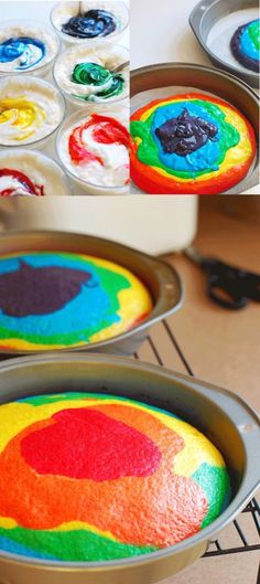 there are some colorful cakes in the pans