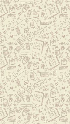 a wallpaper with many different items and words in the shape of letters on it