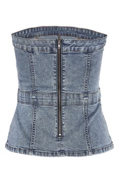 Full of modern casual-cool charm, this seamed denim top is updated in a shoulder-baring silhouette for day-to-night potential. 16 1/2" length Exposed back-zip closure Strapless 75% cotton, 18% polyester, 5% viscose, 2% elastane Machine wash, dry flat Imported Trendy Washed Denim Blue Top, Fitted Denim Top With Zipper Closure, Trendy Washed Denim Top, Summer Strapless Denim Top, Strapless Denim Tops For Summer, Chic Washed Denim Top In Denim Blue, Chic Washed Denim Blue Top, Chic Washed Denim Tops, Casual Strapless Denim Blue Top