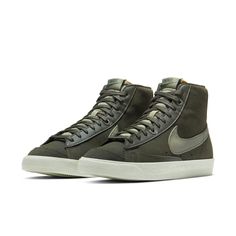 Nike Blazer Mid Olive DH4271-300 Khaki Low-top Sneakers With Vulcanized Sole, Khaki Round Toe Sneakers For Fall, Fall Khaki Sneakers With Round Toe, Urban Green High-top Sneakers With Laces, Fall Gum Sole Lace-up Sneakers, Khaki Leather Sneakers For Fall, Leather Khaki Sneakers For Fall, Green Round Toe Sneakers For Fall, Green Fall Sneakers With Round Toe