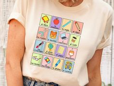 a woman wearing a t - shirt with an image of different things on it