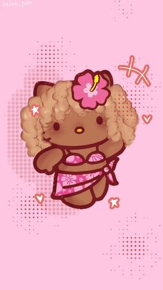 a pink background with an image of a teddy bear wearing a flower in her hair