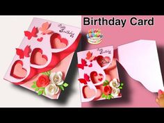 two cards with hearts and flowers on them, one has a birthday card in the shape of a heart