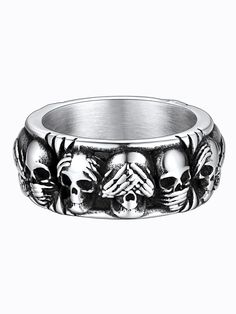 PRICES MAY VARY. 【Gothic Skull Rings】--Retro punk 3 skull band rings, suit for biker, hip hop, rock and gothic fans. Unique skull ring design for broken souls, meticulously crafted in great detail, as well as good cos play jewelry for halloween party. 【Retro Steel Rings for Men】--Top steel biker rings made of 316L Stainless Steel, lead-free and nickel-free. Perfect for sensitive skin, no more worrying about allergies. No tarnish and oxidize, long lasting. It is able to endure a lot of wear and t Emo Rings Men, Punk Stainless Steel Rings For Halloween, Black Ring For Halloween Streetwear, Black Skull Ring For Halloween Streetwear, Punk Metal Skull Ring For Streetwear, Black Stainless Steel Skull Ring For Halloween, Goth Wedding Rings Men, Punk Skull Ring For Halloween, Black Skull Rings In Punk Style