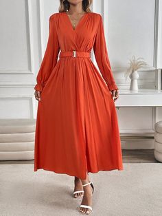 Women's Elegant Long Sleeve Dress, Long Formal Gown, Autumn/Winter Orange Elegant  Half Sleeve Woven Fabric Plain A Line Non-Stretch All,Spring/Summer/Fall Women Clothing, size features are:Bust: ,Length: ,Sleeve Length: Winter Orange, Long Formal Gowns, Women Long Dresses, Comic Styles, Inspiration Mode, Formal Gowns, Primavera Estate, Autumn Summer, Half Sleeves