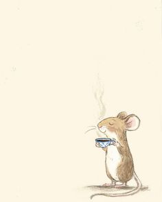 a drawing of a mouse holding a cup of coffee in it's paws and looking up at the sky