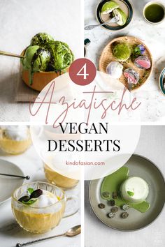 four pictures with different types of desserts on them and the title says, 4 agatsche vegan desserts