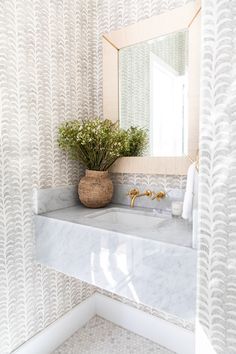 a bathroom sink under a mirror next to a wall mounted faucet with a plant in it