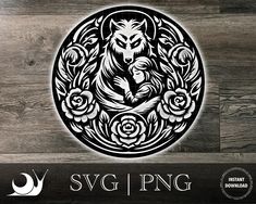 the logo for svg png is shown in black and white on a wood background