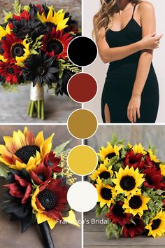 sunflowers, roses and other flowers are arranged in three different color palettes