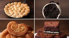 four pictures showing different types of desserts and pastries, including chocolate cake, marshmallows, pretzels, and waffle