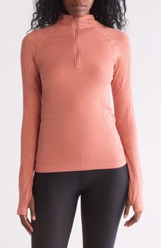 A mock neck and thumbhole cuffs add extra coverage to this long-sleeve top that features a quarter-zip closure for fresh air when needed. Quarter-zip closure Mock neck Long sleeves 95% polyamide, 5% spandex Machine wash, line dry Imported Mock Neck Long Sleeve, Desert Sand, Fresh Air, Long Sleeve Top, Mock Neck, Quarter Zip, Nordstrom Rack, Long Sleeve Tops, Sleeve Top