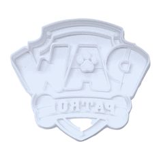 a white plastic badge with the word paw on it's front and bottom corner