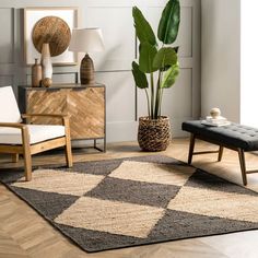 a living room with a large plant in the center and two chairs next to it