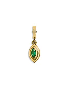 Adorn your favorite necklace with the Emerald Marquise charm by ĀZLEE. An emerald stone is detailed at the center of the charm, adding the perfect touch of color. Displayed with an ĀZLEE chain (sold separately). Handcrafted in 18-karat yellow gold. Detailed in Zambian emerald. Finished with a gold charm clasp. Luxury Gold Emerald Necklace With Stones, Favorite Necklace, Yellow Gold Jewelry, Zambian Emerald, Emerald Necklace, Emerald Stone, Gold Charm, Gemstone Jewelry, Gold Jewelry