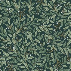 a green and white leafy pattern with berries on the leaves is featured in this image