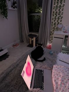 a black cat sitting on top of a bed next to a laptop computer